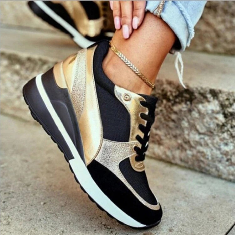 Women's Casual Gold Color Wedge Heel Sport Sneakers