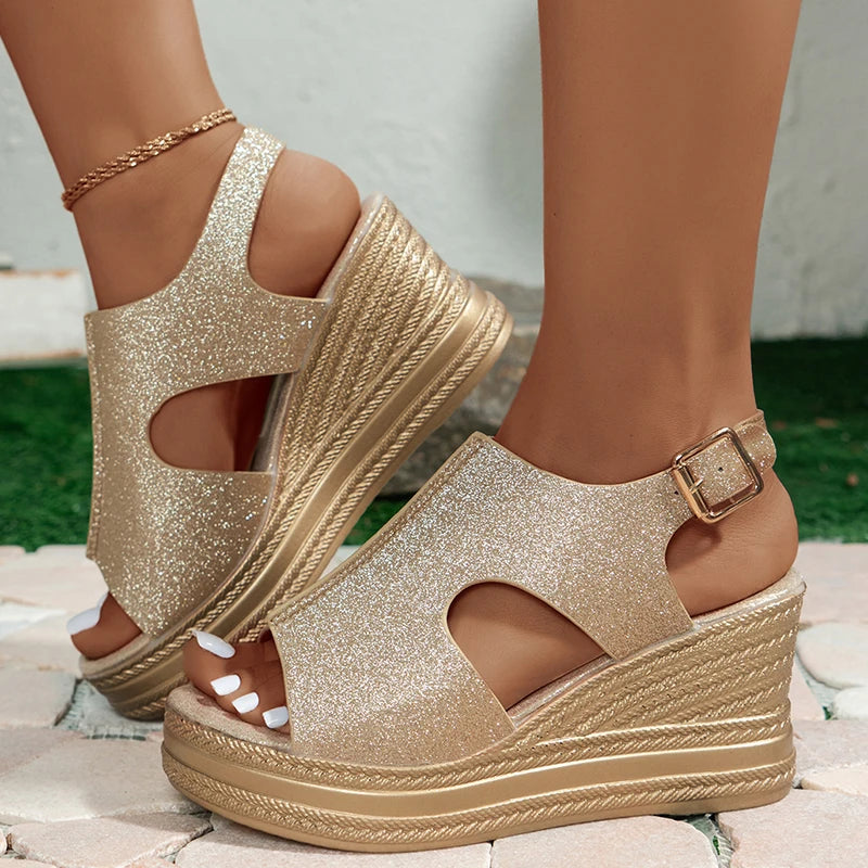 Bling Gold Sequin Wedge Sandals for Women with Hollow Out Design