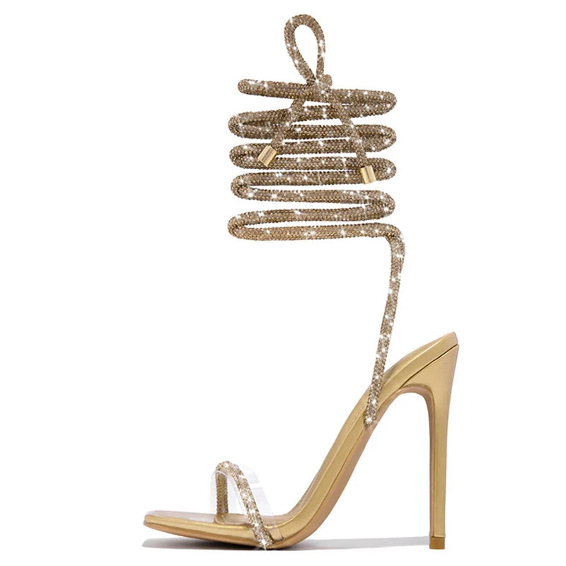 Gold Crystal Ankle Strap Sandals for Women - Open Toe Party Heels