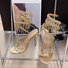 Elegant Women’s Golden Crystal Tassel Open Toe Stiletto Sandals