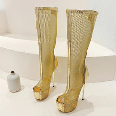 Women's Gold Peep Toe Platform Knee High Dance Boots with Mesh