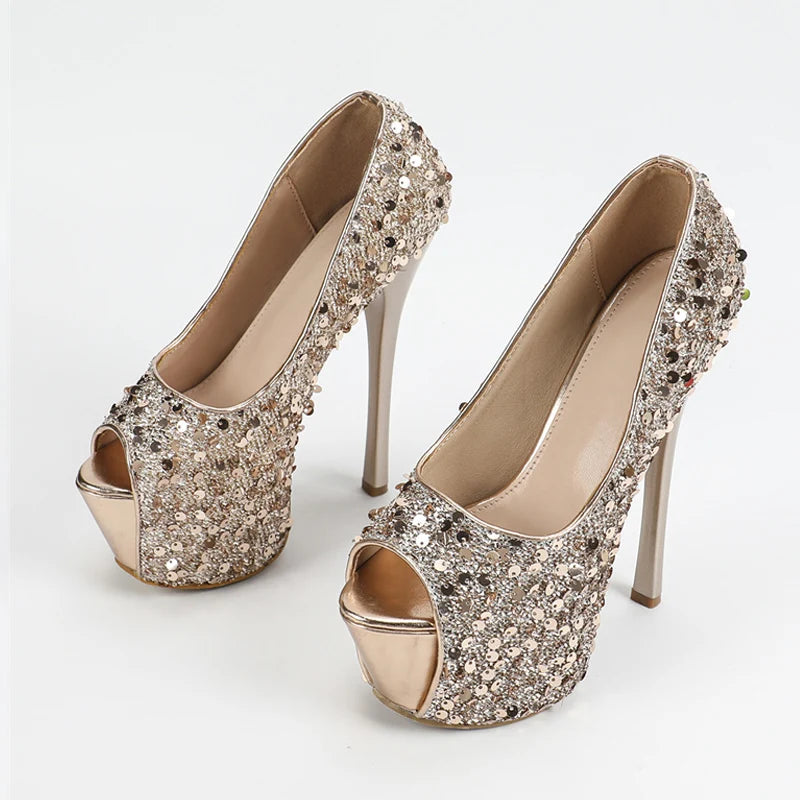 Elegant Women’s Sequined Cloth Platform High Heels Peep Toe Pumps