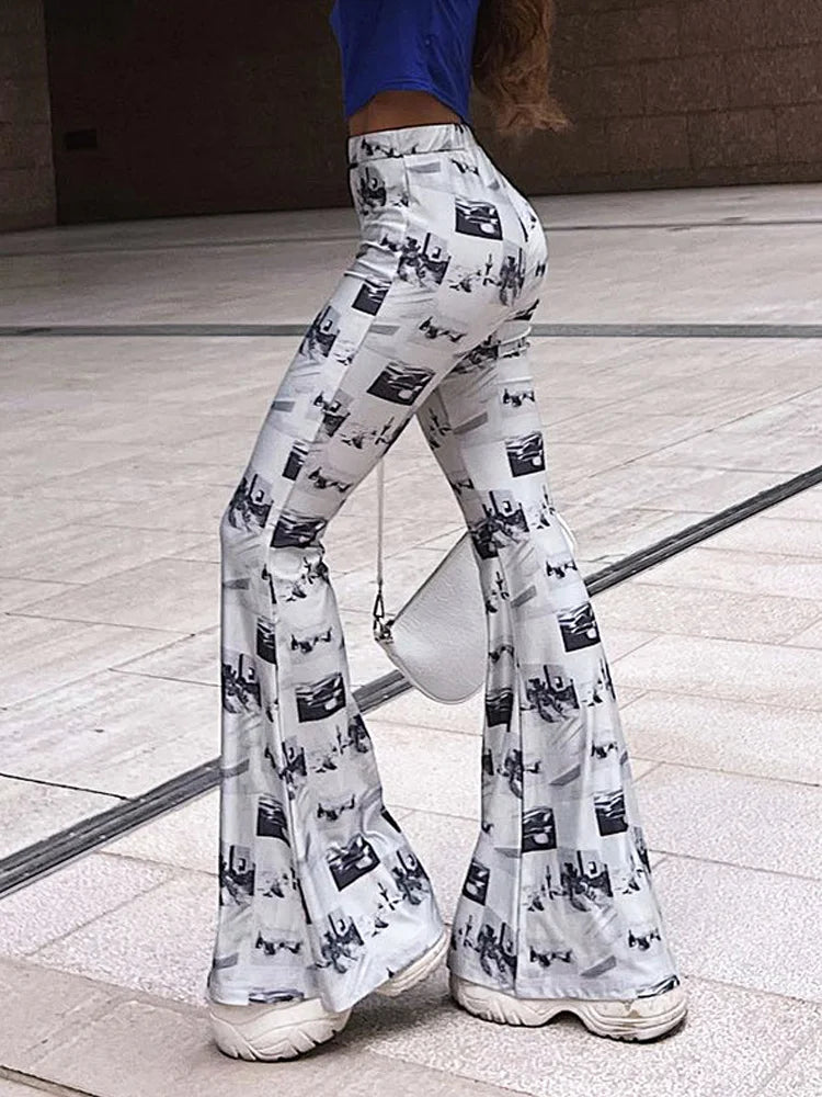 Y2K Casual Print Slim Flare Pants for Women Streetwear Trousers