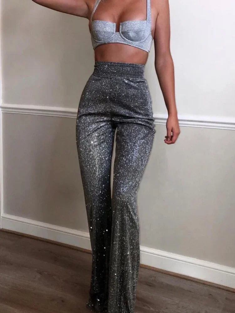 Pantalon droit décontracté taille haute en soie brillante pour femme 