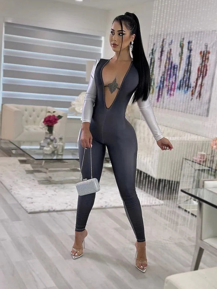 Women's Long Sleeve Backless Deep V Skinny Jumpsuit for Parties