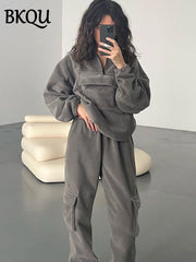 Fleece Two Piece Tracksuit Set with Zipper Sweatshirt and Pants