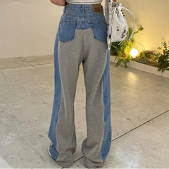 Pantalon ample en denim délavé à patchwork contrasté 