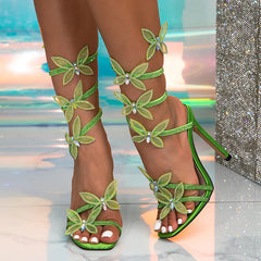 Summer Crystal Butterfly Ankle Strap Sandals for Women in Green