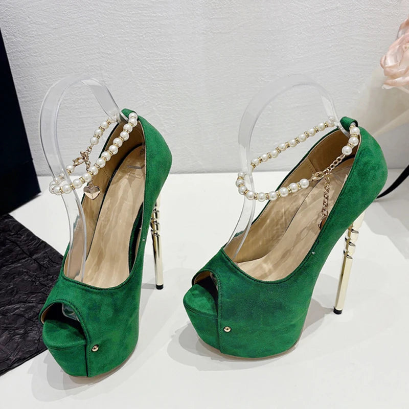 Green Peep Toe Ankle Strap High Heels for Women