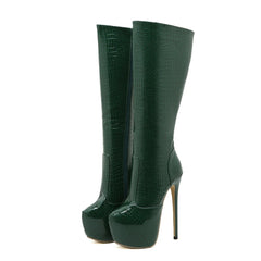 Women's Green Snake Print Platform Boots with Round Toe and High Heels