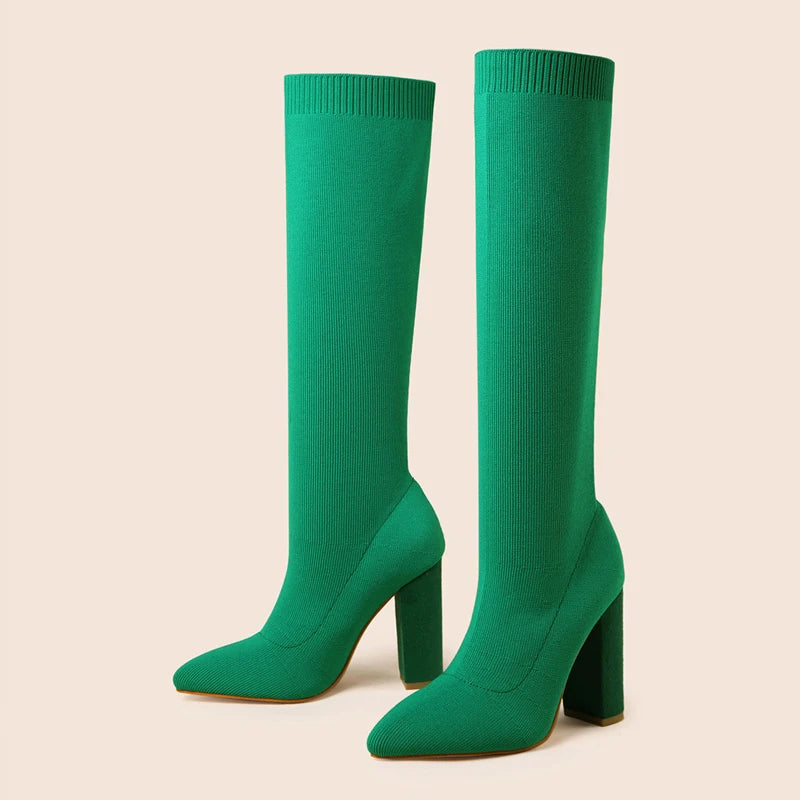 Green Women Cozy Knitting Knee High Boots with Square Heels