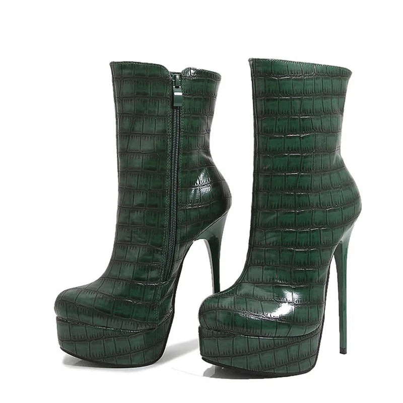 Bottes à plateforme pour femmes avec imprimé serpent vert et talons de 15 cm 