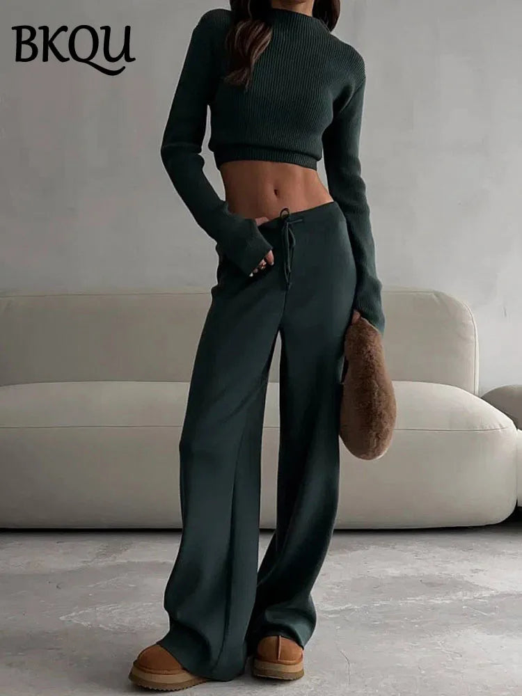 Women's Turtleneck Long Sleeve Knitted Sweater and Wide Leg Pants Set