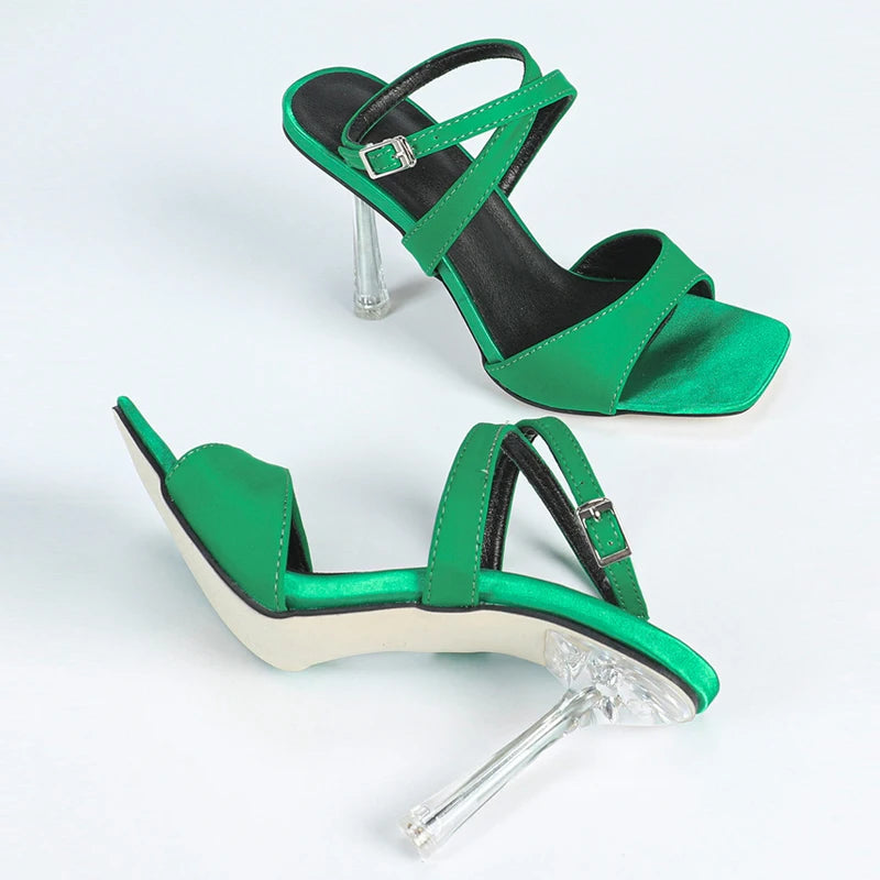 Street Fashion Green Ankle Buckle Strap High Heels Sandals for Women