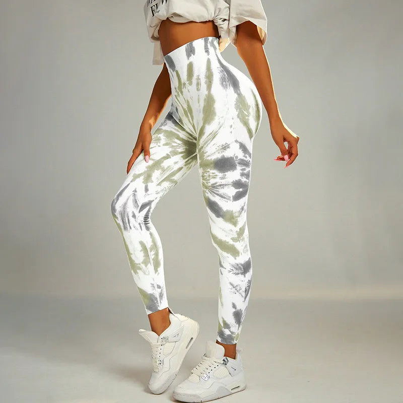 Pantalon de yoga taille haute sans coutures pour femmes, legging froissé avec imprimé tie-dye 