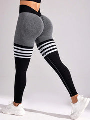 Women Seamless Stripe High Waist Yoga Leggings with Tummy Control