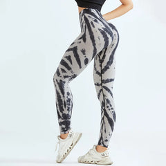 Pantalon de yoga taille haute sans coutures pour femmes, legging froissé avec imprimé tie-dye 