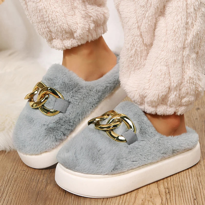 Platform Ladies Rhinestone Warm Fur Slippers for Indoor Use