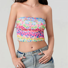 Women's Vintage Floral Print Bandeau Crop Top Slim Fit Backless