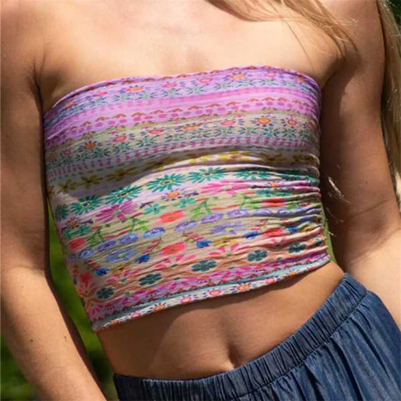 Women's Vintage Floral Print Bandeau Crop Top Slim Fit Backless