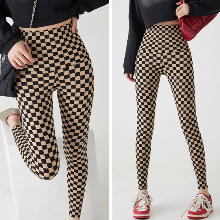 Women's Khaki Checkerboard Plaid Shark Leggings High Waist Seamless