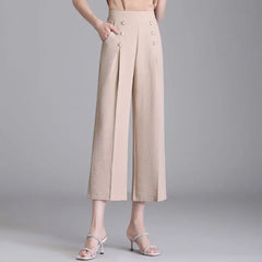 Women's Ice Silk Wide Leg Trousers with Button Pockets and Drape Style