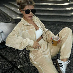 Women's Velvet Tracksuit Set with Lapel Sweatshirt and Wide Leg Pants