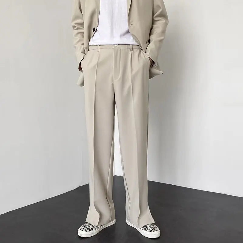 Men's Straight Wide-Leg Blazer Pants – Casual Fit, Split Hem, Streetwear Trousers