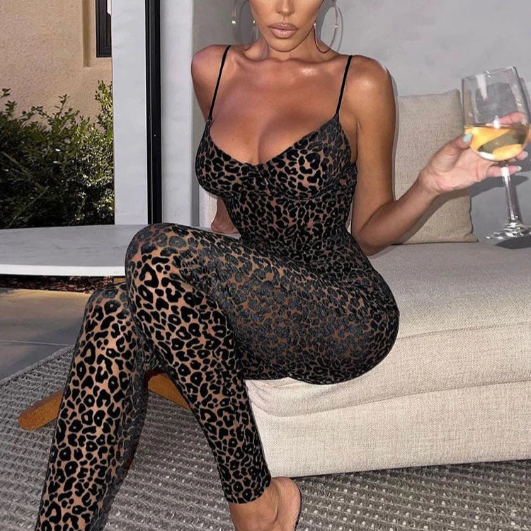 Leopard Print Skinny Women Jumpsuit Sleeveless Backless Outfit