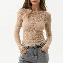 Women's Sheer Lace Long Sleeve Tops in Solid Color for Spring Streetwear