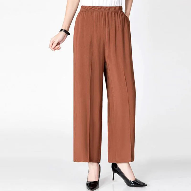 Pantalon large en coton pour femme, mode été, imprimé uni, taille haute, décontracté