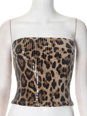 Chic Leopard Print Corset Crop Top with Sequins for Night Out