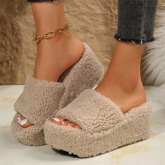 Winter Fluffy Wedge Slippers for Women In Beige