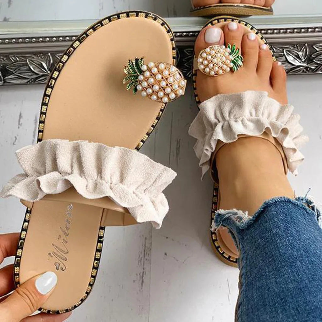 Women's Bohemian Pineapple Pearl Flat Toe Beach Sandals