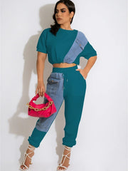 Women's Denim Patchwork Two Piece Tracksuit Set with Jogger Pants