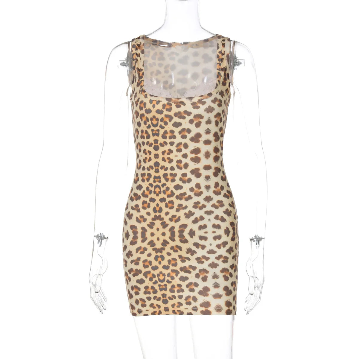 Leopard Print Bodycon Vest Dress with Square Collar and Sleeves