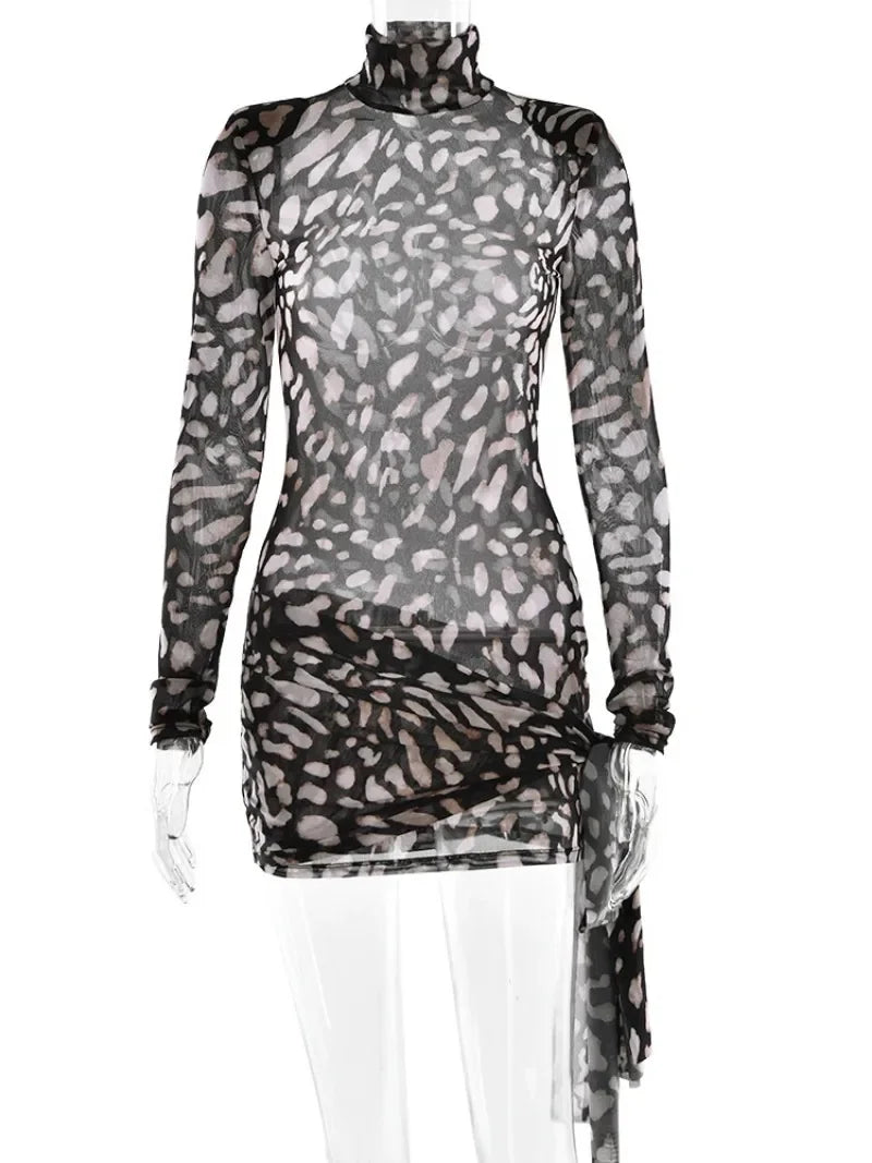 Women's Leopard Print See-Through Mesh Turtleneck Dress