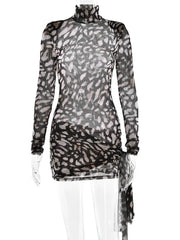 Women's Leopard Print See-Through Mesh Turtleneck Dress