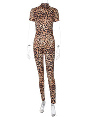 Backless Leopard Print Bodycon Jumpsuit with High Collar and Short Sleeves