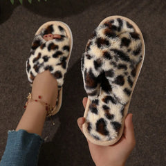 Women's Soft Plush Cross Strap Fur Slippers for Indoor Comfort