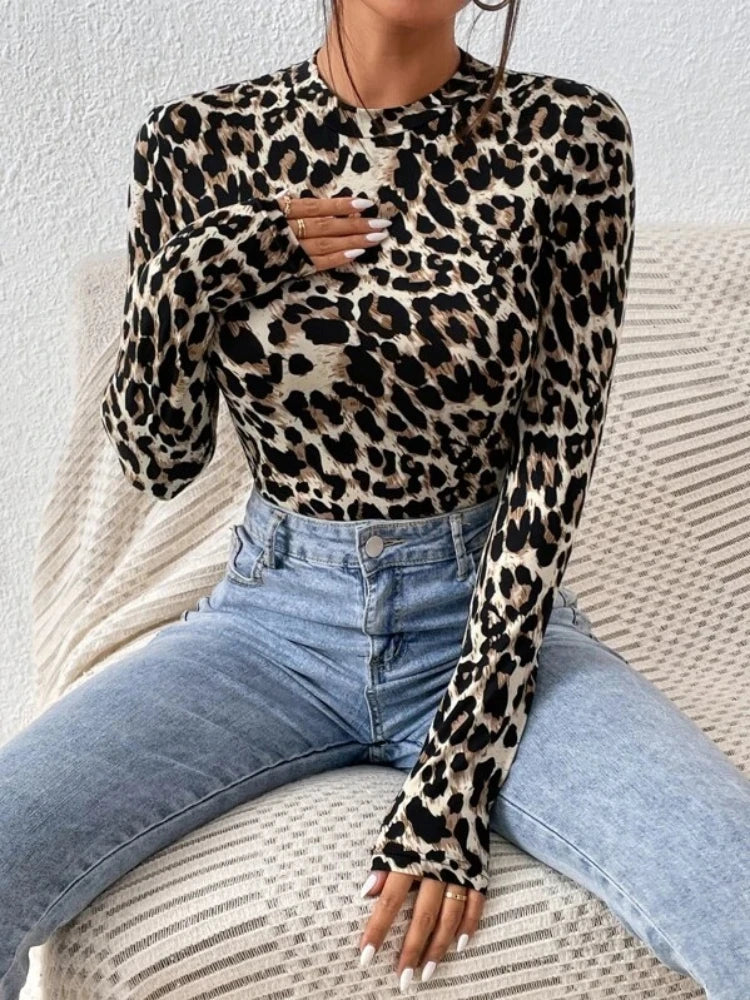 Women's Leopard Print Long Sleeve Bodysuit with Stand Collar