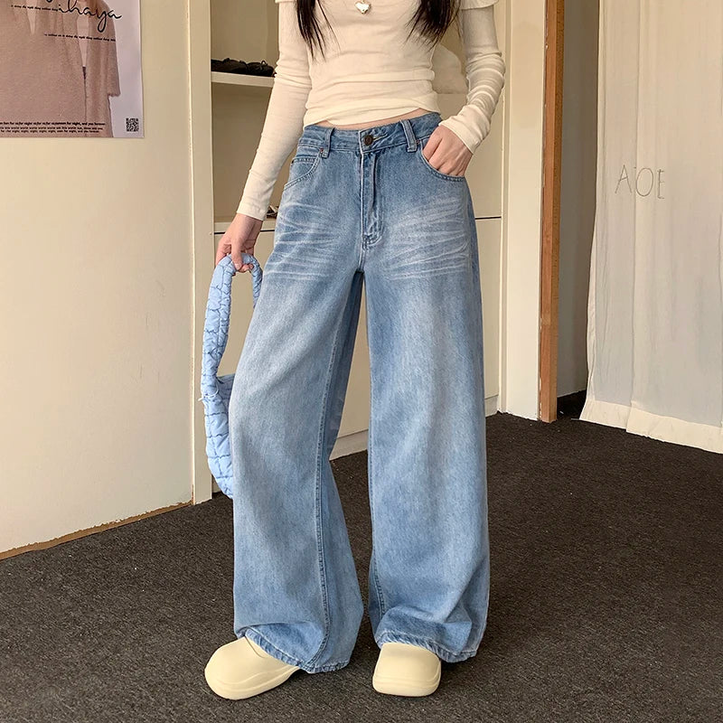 High Waist Washed Denim Wide Leg Jeans for Women