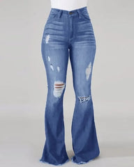 Pantalon en jean évasé taille haute avec détails déchirés pour femme 