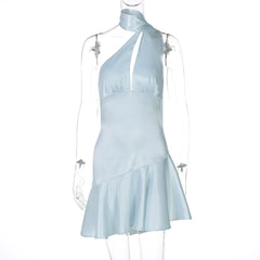 Women's Light Blue Satin Off-Shoulder Ruffle Evening Dress