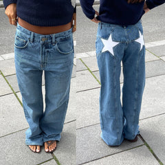 Pantalon en denim ample à jambe droite et à motif d'étoiles vintage pour femme