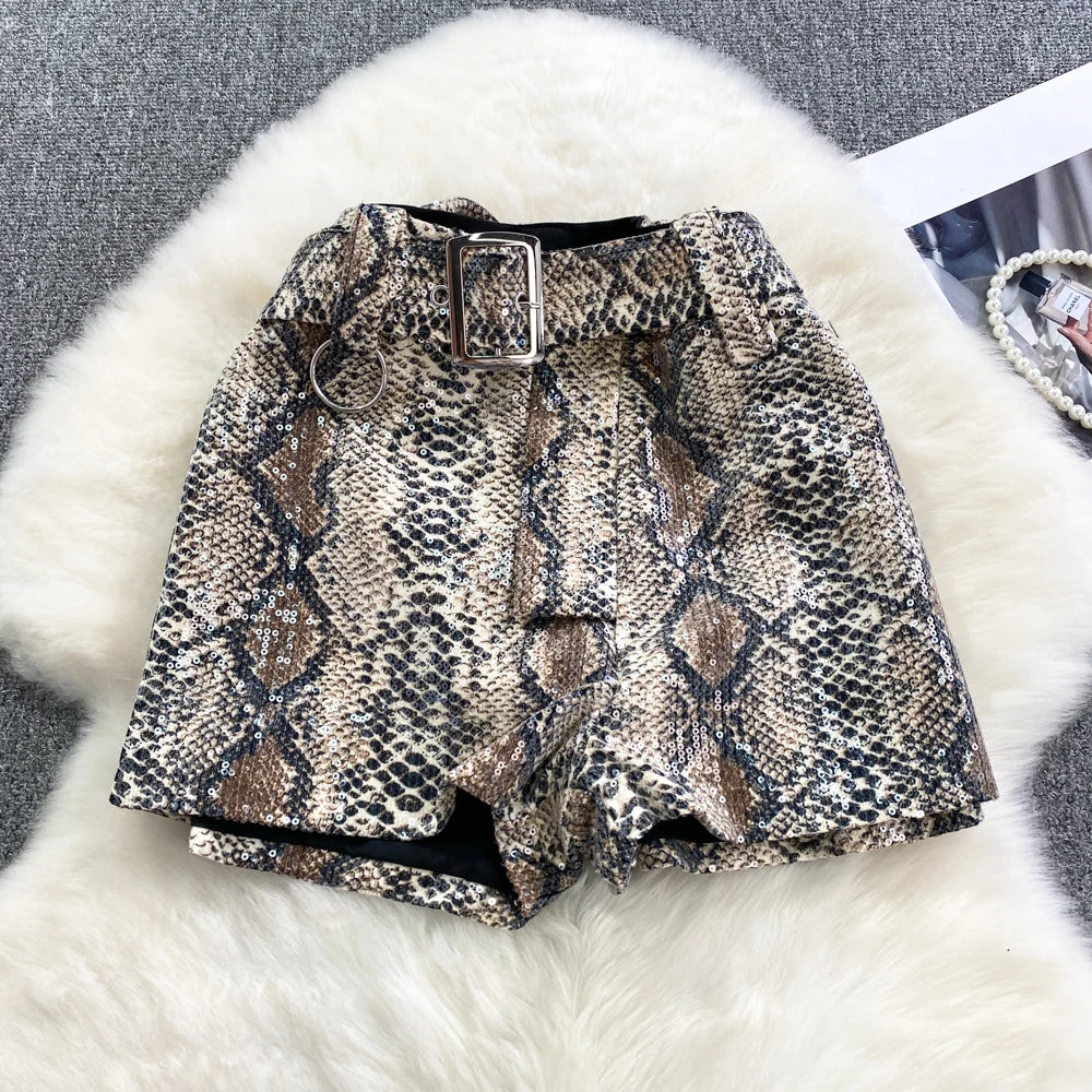 Winter Leopard Print High Waist Casual Wide Leg Thermal Shorts