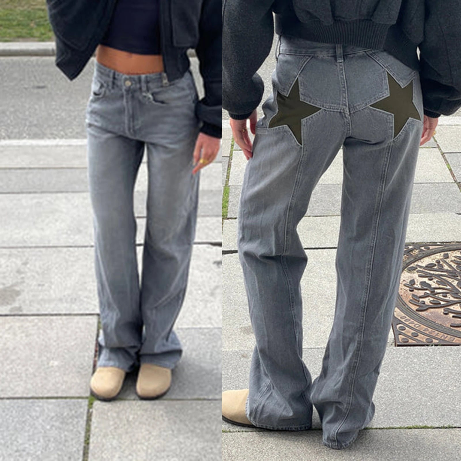 Pantalon en denim ample à jambe droite et à motif d'étoiles vintage pour femme