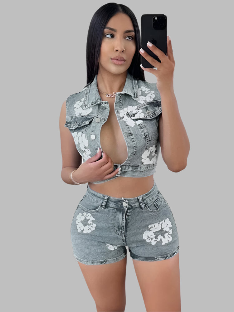 Floral Printed Sleeveless Crop Top and Shorts Denim Set for Women