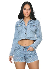 Fashion Blue Ripped Denim Two-Piece Set with Long Sleeve Jacket