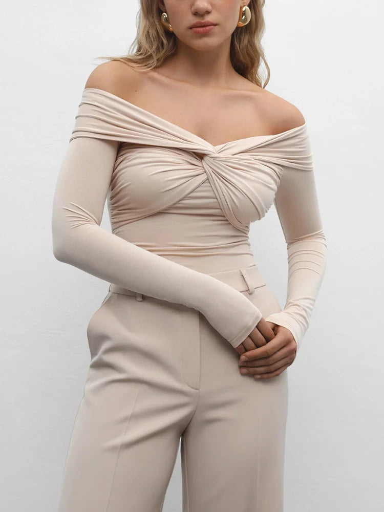 Women's White Off-Shoulder Pleated Long Sleeve Cropped Top